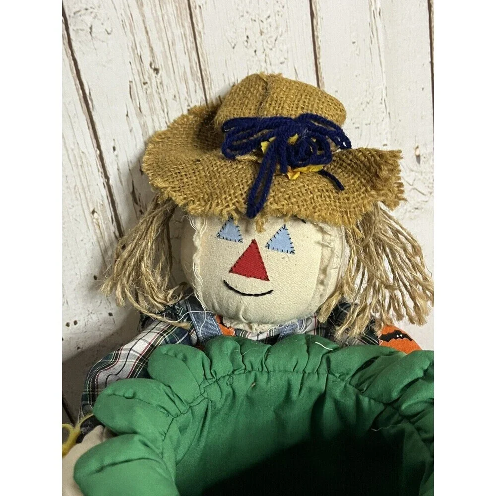 Vintage 90s Plush pumpkin Scarecrow halloween candy bowl - Picture 3 of 7